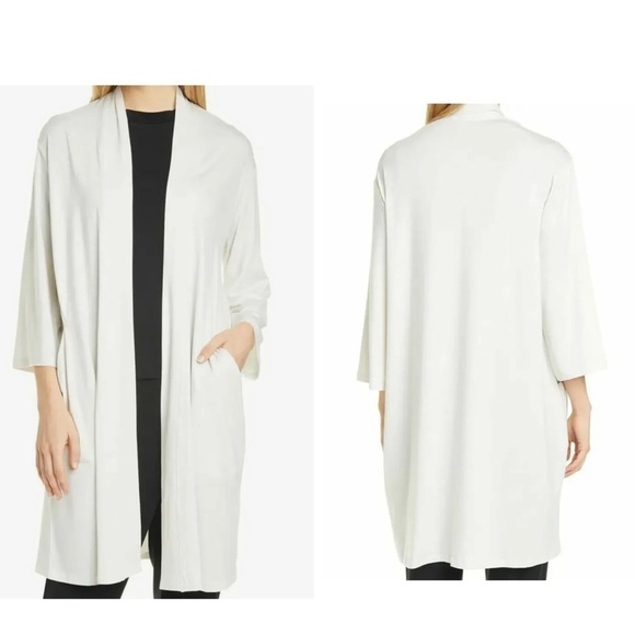 EILEEN FISHER BONE KIMONO Tencel Jersey Stretch Open Cardigan - Picture 1 of 7